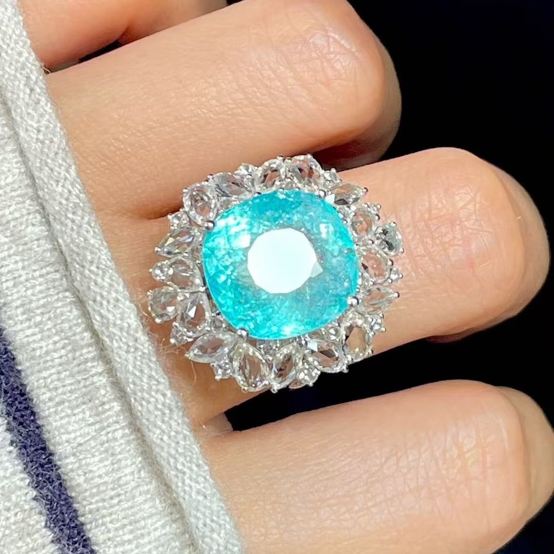 14k Gold 9.68 Ct Natural Paraiba Tourmaline & Sapphire Ring - 4