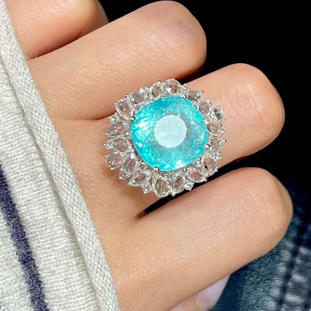 14k Gold 9.68 Ct Natural Paraiba Tourmaline & Sapphire Ring - 5