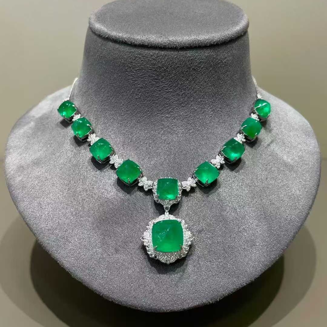14k Gold 27.5 Ctw Natural Emerald & Diamond Necklace - 6