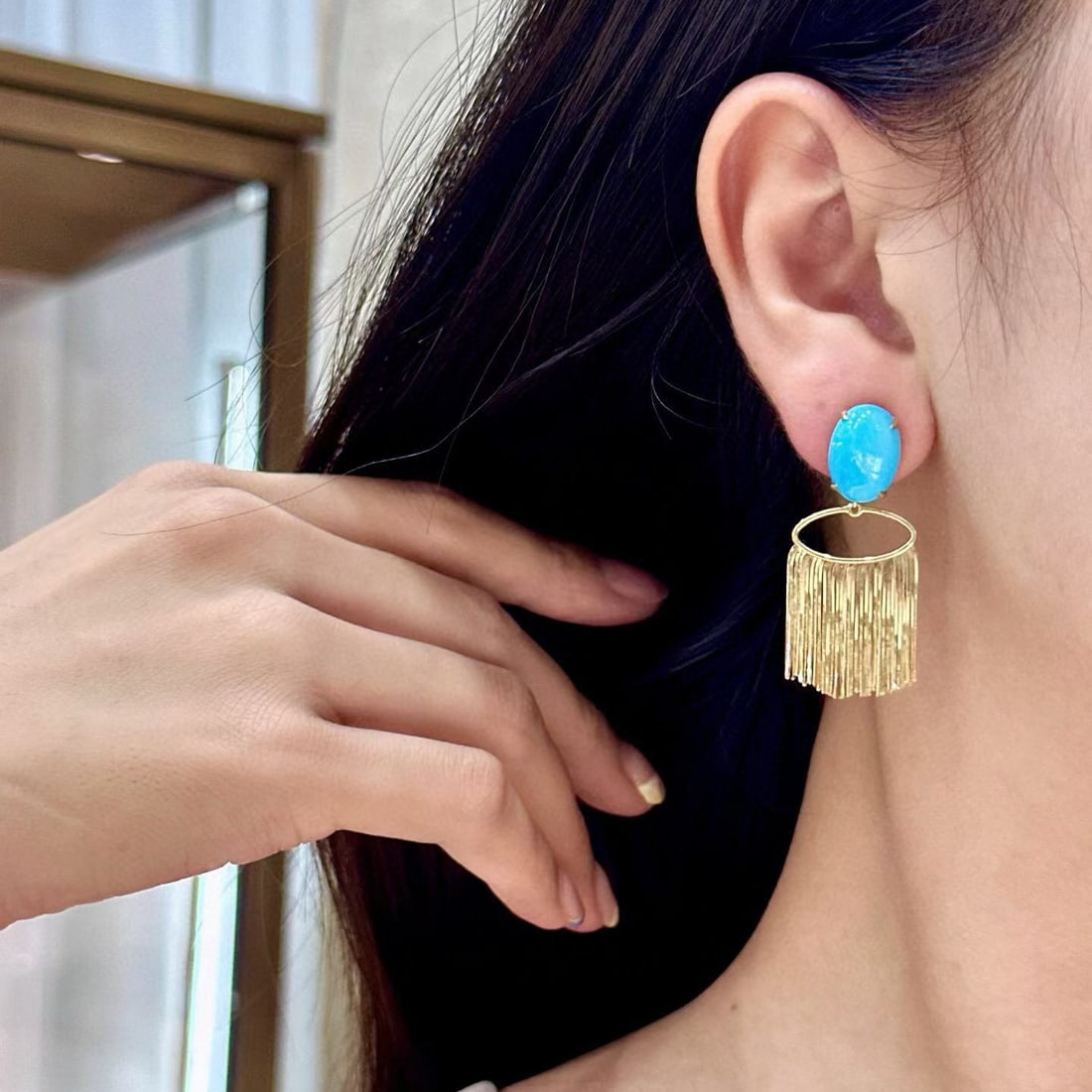 14k Gold 9.25 Ct Natural Blue Turquoise Earrings - 2
