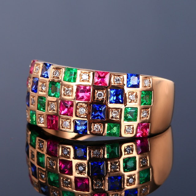 14k Gold 1.56 Ctw Natural Ruby & Sapphire & Emerald Ring - 2