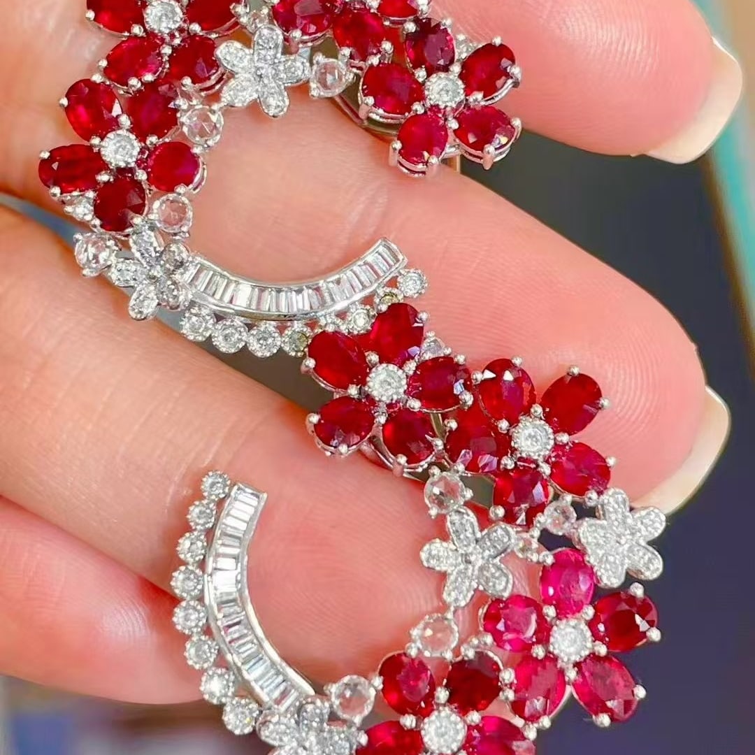 14k Gold 7.00 Ct Natural Ruby & Diamond & Sapphire Earrings - 3