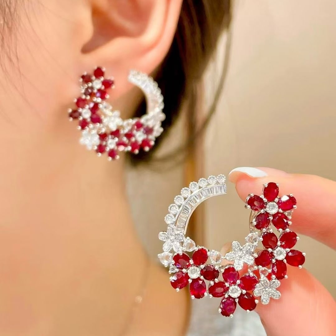 14k Gold 7.00 Ct Natural Ruby & Diamond & Sapphire Earrings - 4