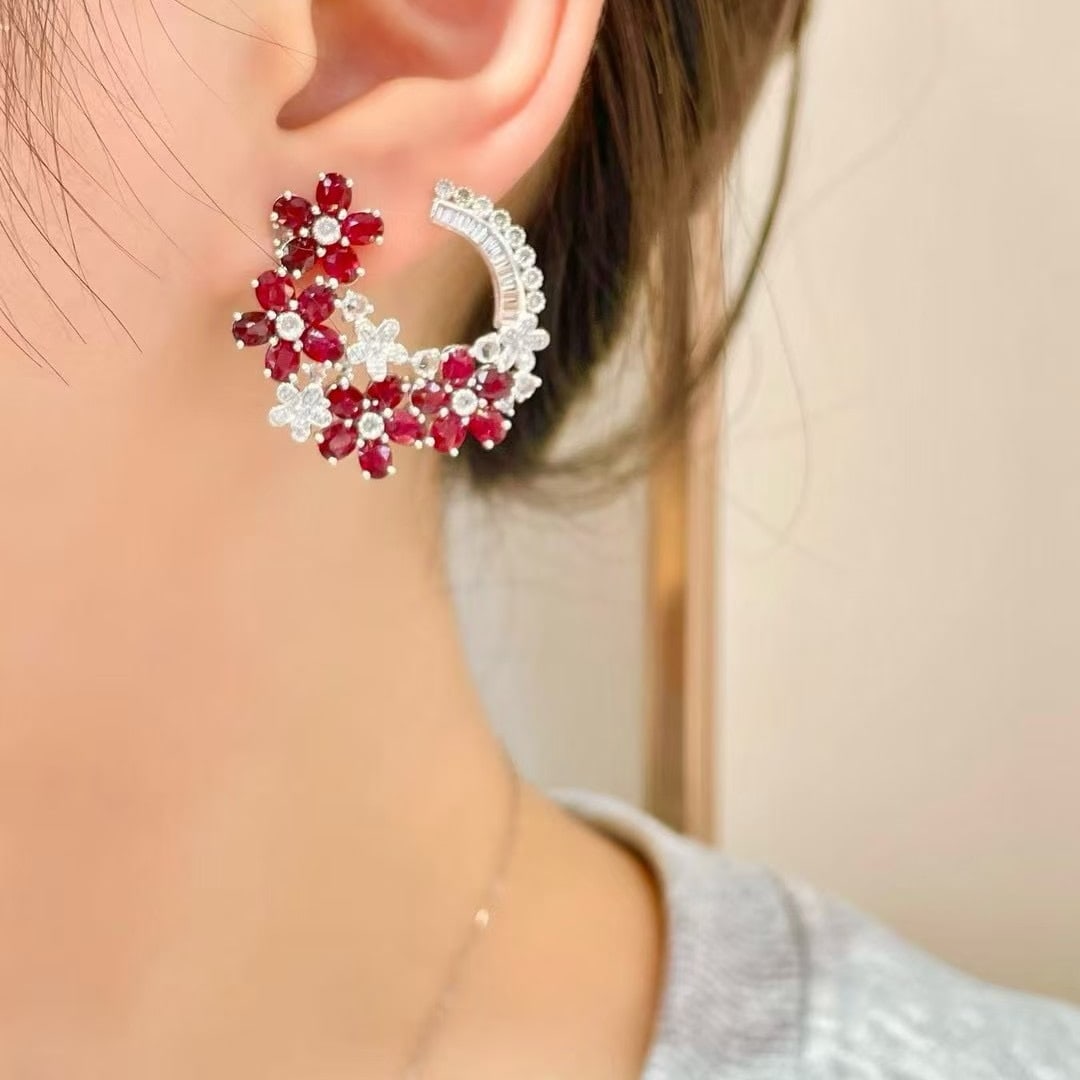 14k Gold 7.00 Ct Natural Ruby & Diamond & Sapphire Earrings - 5