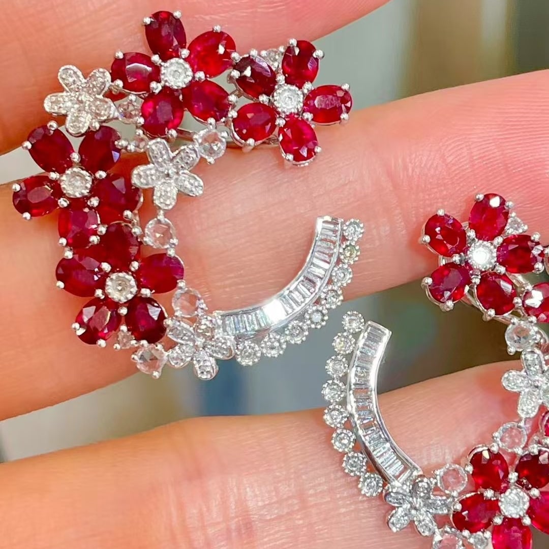 14k Gold 7.00 Ct Natural Ruby & Diamond & Sapphire Earrings - 6