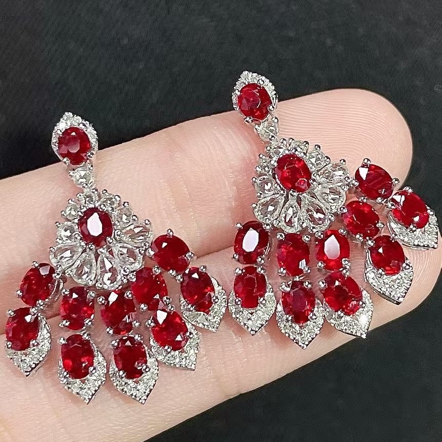 14k Gold 5.43 Ctw Natural Ruby & Diamond & Sapphire Earrings - 2