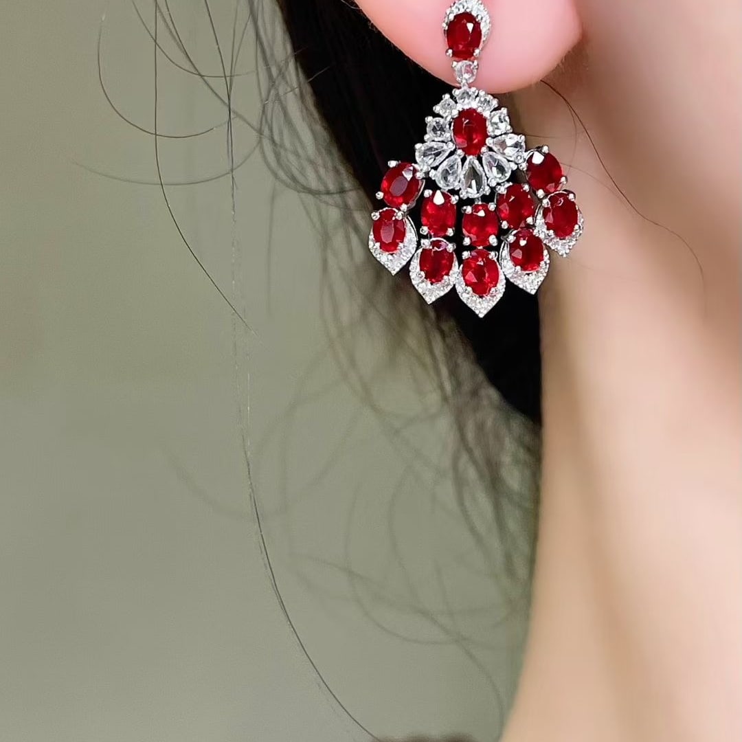 14k Gold 5.43 Ctw Natural Ruby & Diamond & Sapphire Earrings - 6