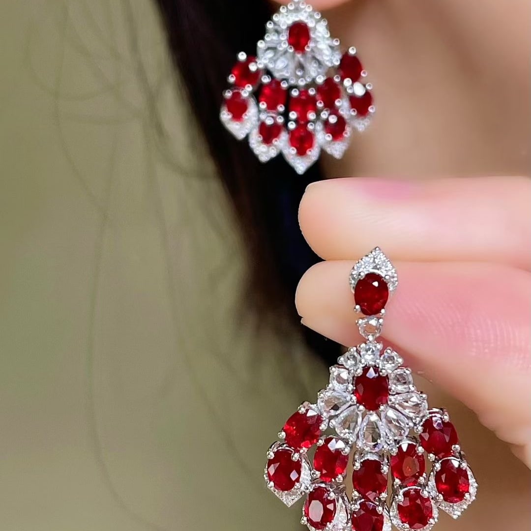 14k Gold 5.43 Ctw Natural Ruby & Diamond & Sapphire Earrings - 7