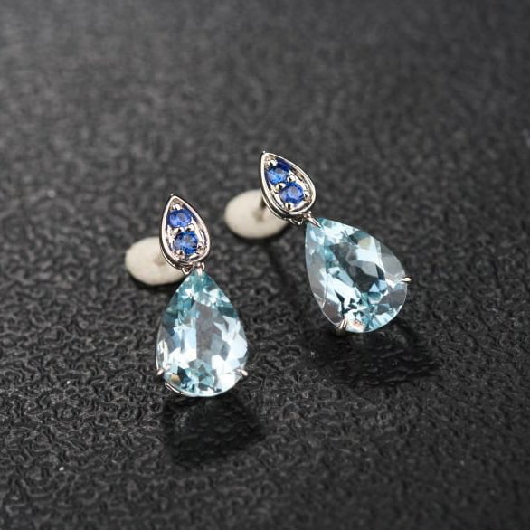 14k Gold 3.68 Ct Natural Aquamarine & Sapphire Earrings - 4
