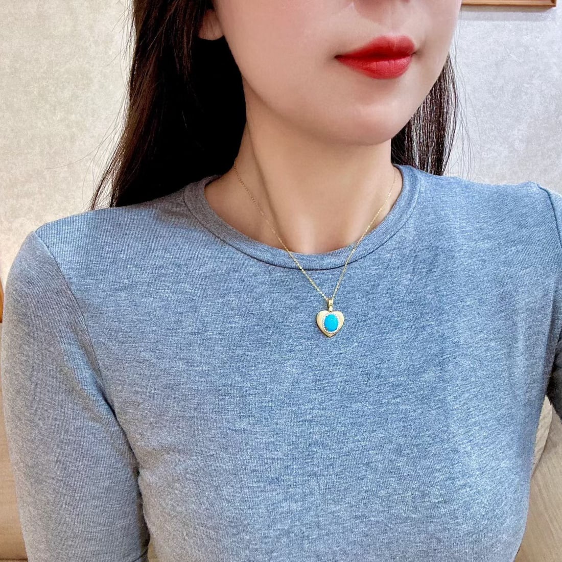 14k Gold 2.70 Ctw Natural Blue Turquoise & Diamond Pendant( Without Chain ) - 4