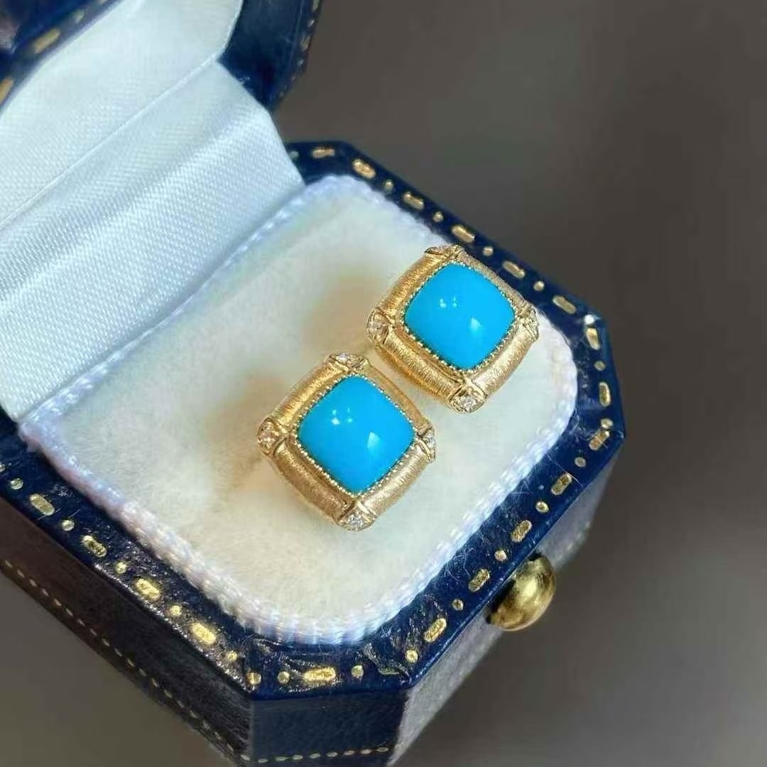 14k Gold 1.1 Ct Natural Blue Turquoise & Diamond Earrings - 2