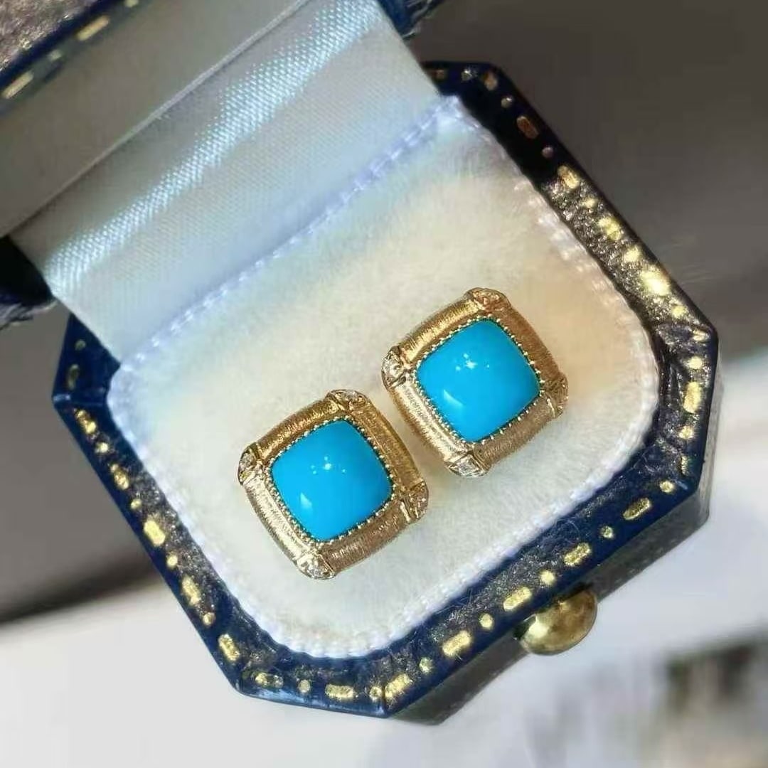 14k Gold 1.1 Ct Natural Blue Turquoise & Diamond Earrings - 3