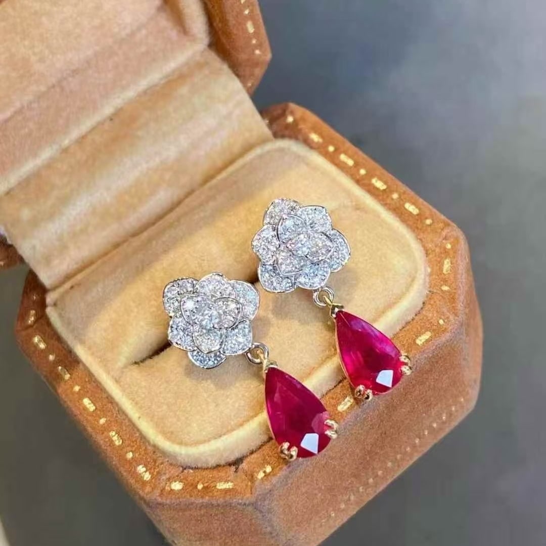 14k Gold 1.55 Ctw Natural Ruby & Diamond Earrings - 3