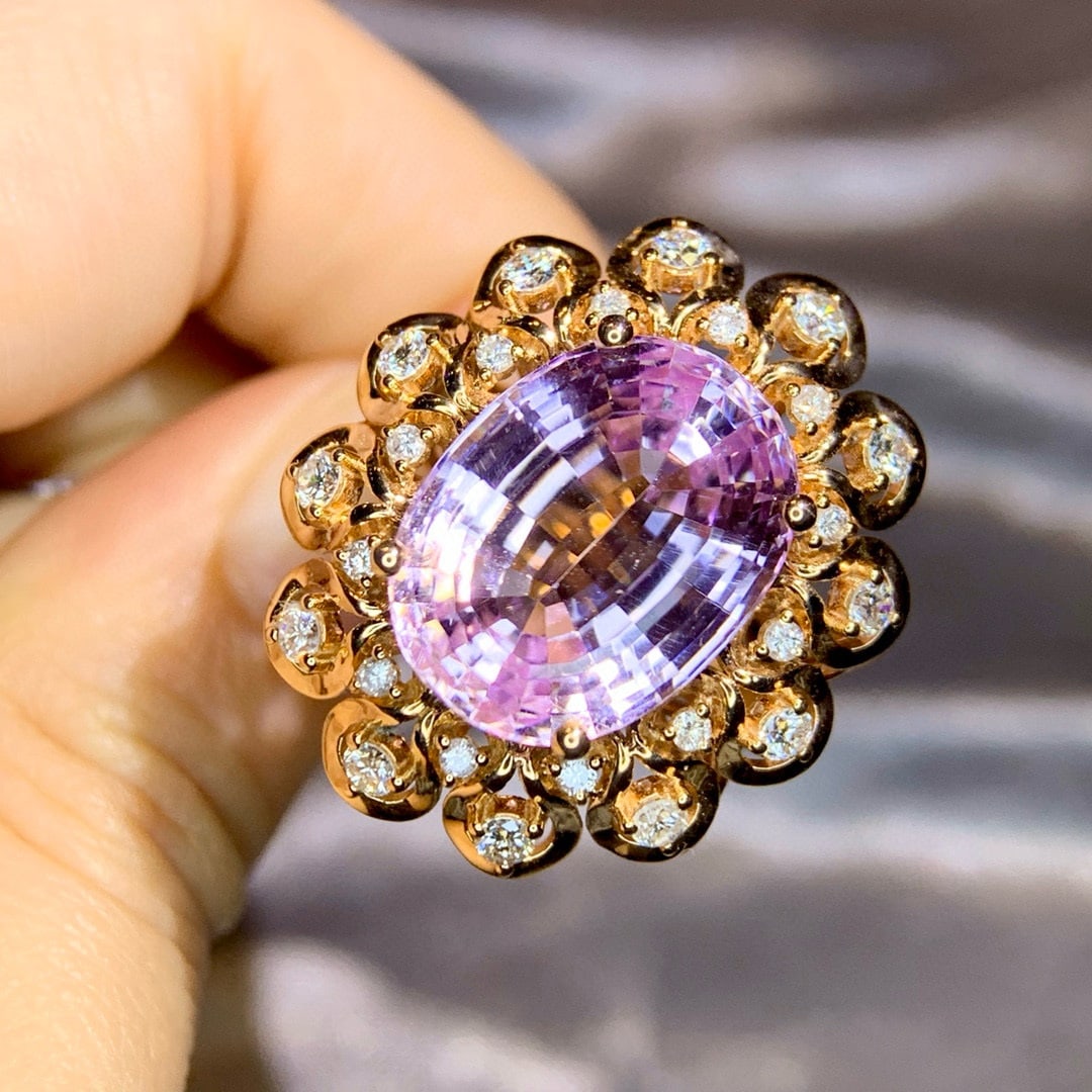 14k Gold 15.67 Ctw Natural Kunzite & Diamond Ring - 2