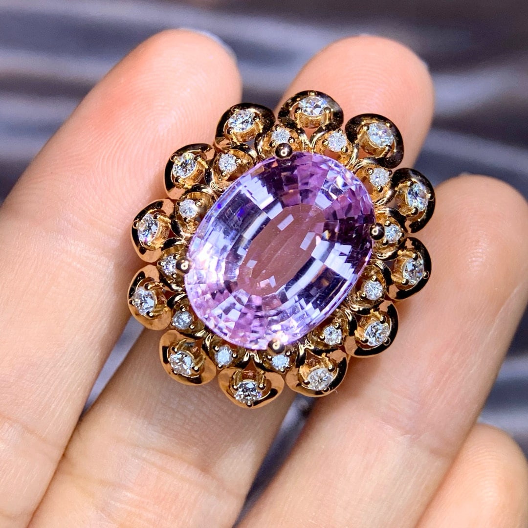 14k Gold 15.67 Ctw Natural Kunzite & Diamond Ring - 4