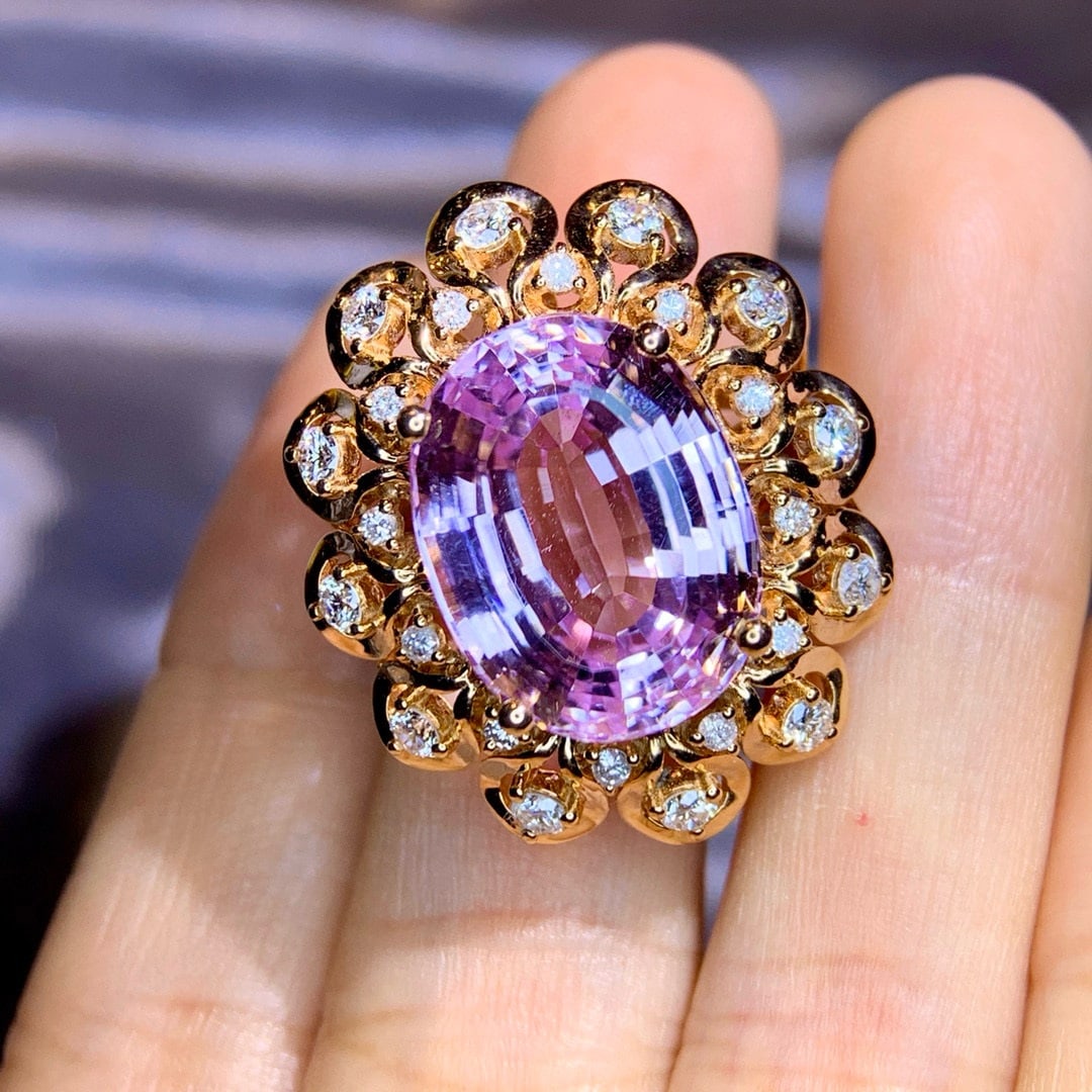 14k Gold 15.67 Ctw Natural Kunzite & Diamond Ring - 5