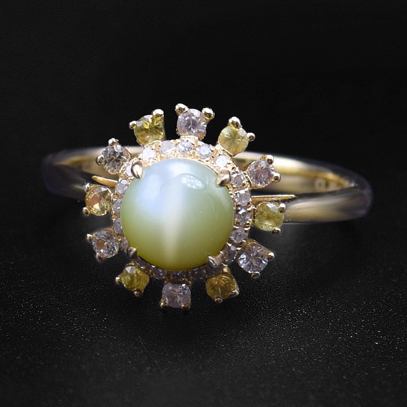 14k Gold 1.87 Ctw Natural Cat's?Eye Chrysoberyl & Diamond & Sapphire Ring - 3