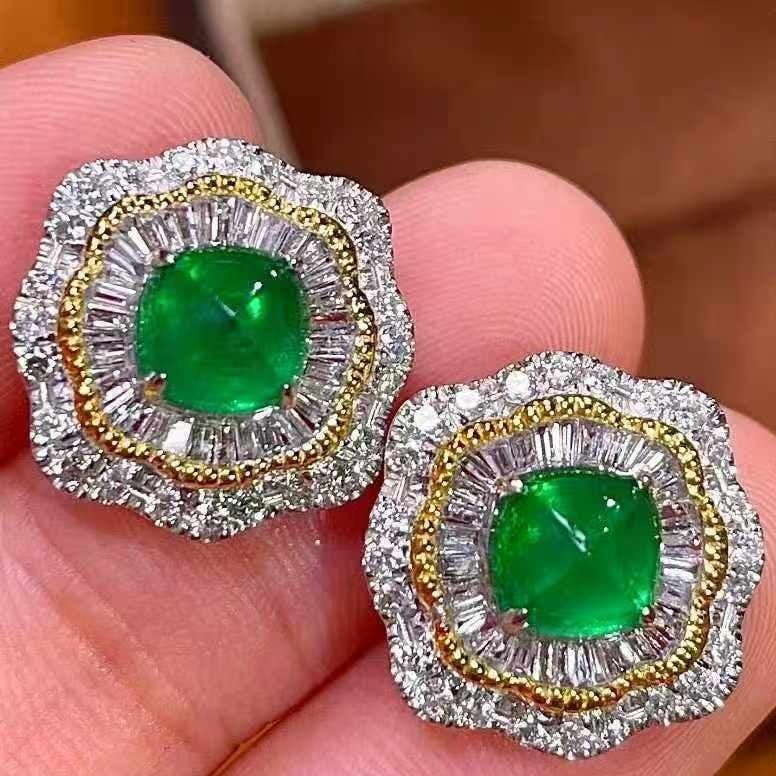 14k Gold 1.92 Ct Natural Emerald & Diamond Earrings - 4