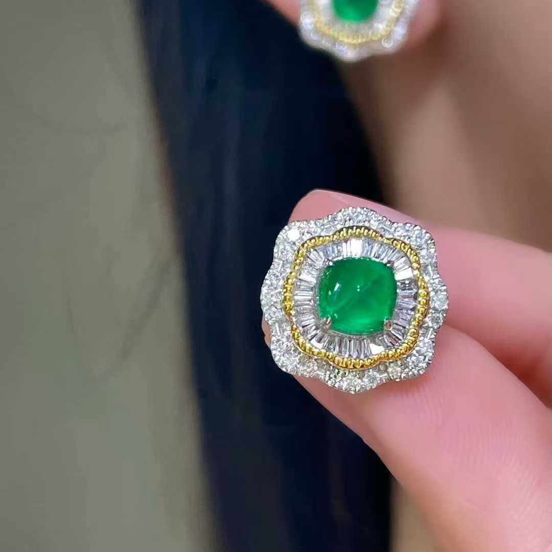 14k Gold 1.92 Ct Natural Emerald & Diamond Earrings - 8
