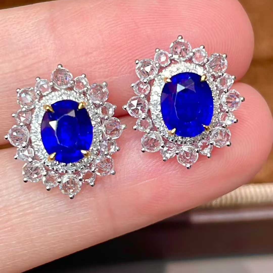 14k Gold 3.05 Ct Natural Sapphire & Diamond & Sapphire Earrings - 2