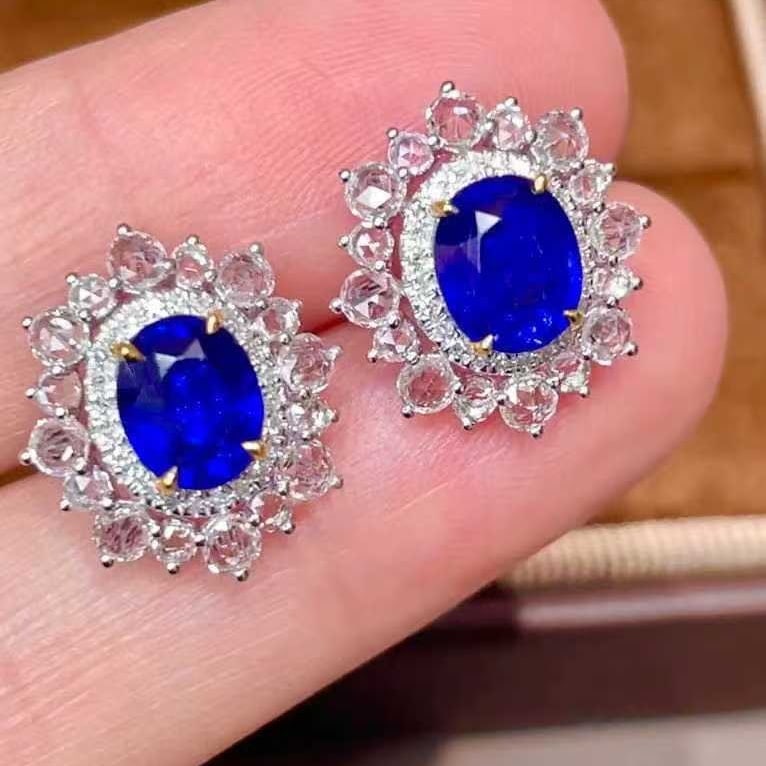 14k Gold 3.05 Ct Natural Sapphire & Diamond & Sapphire Earrings - 3