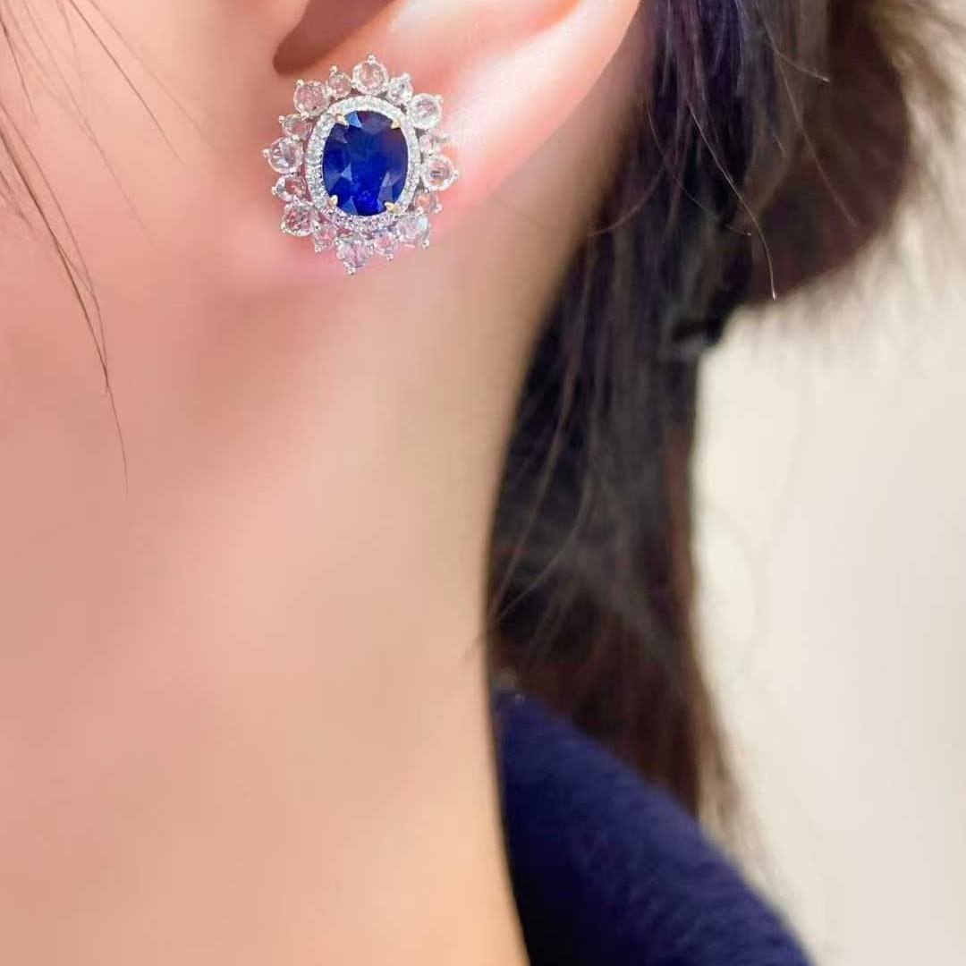 14k Gold 3.05 Ct Natural Sapphire & Diamond & Sapphire Earrings - 4