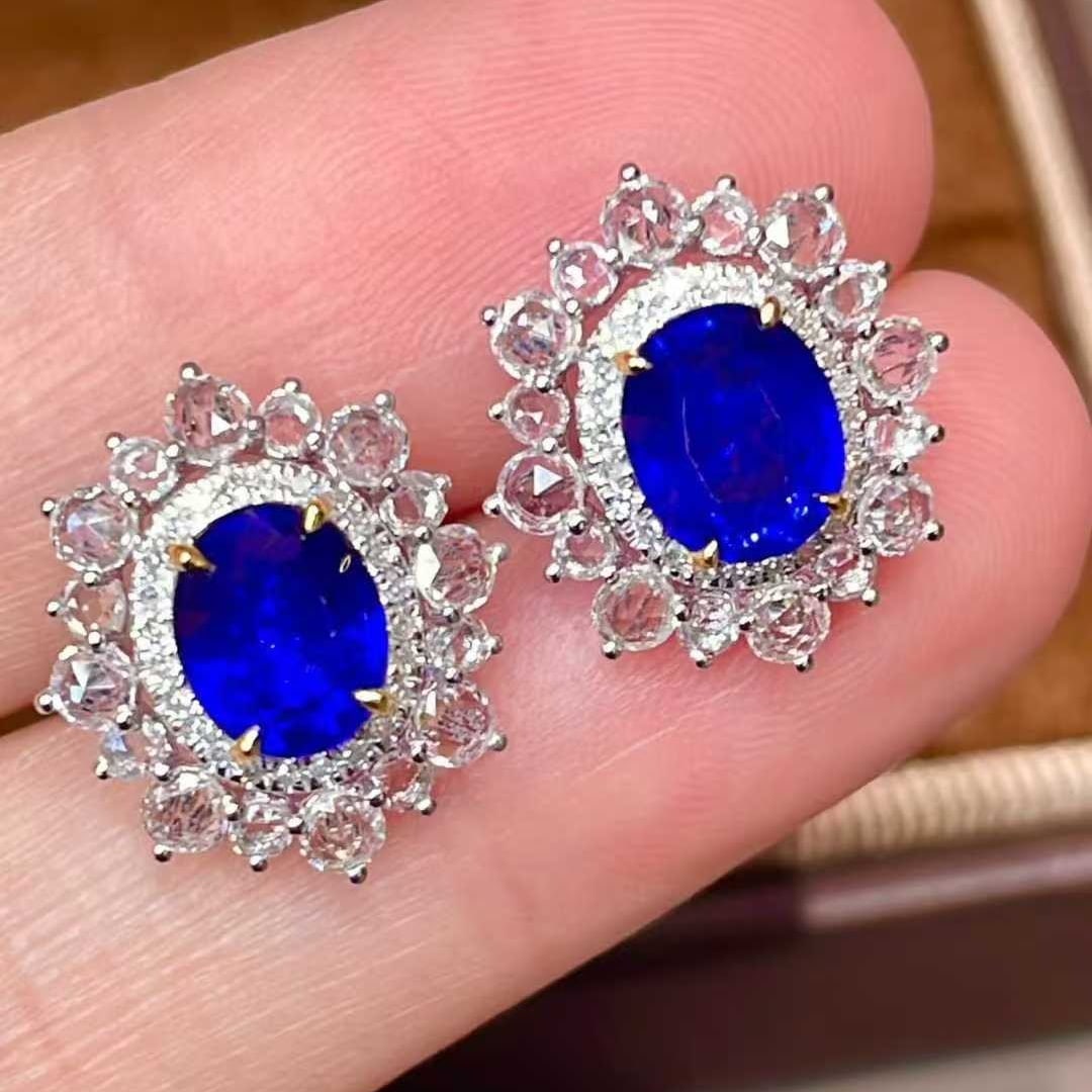 14k Gold 3.05 Ct Natural Sapphire & Diamond & Sapphire Earrings - 5