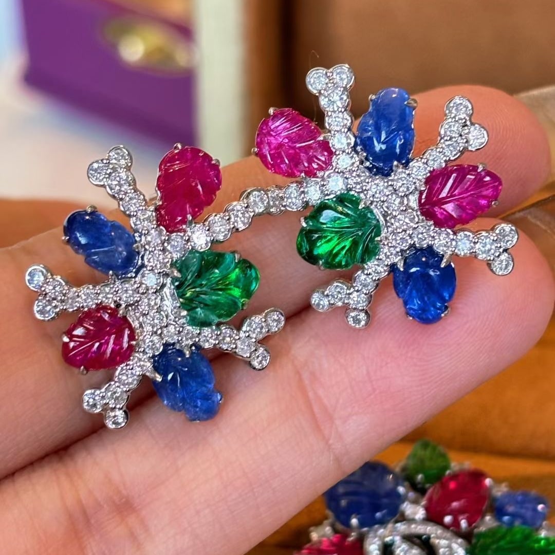 14k Gold 5.21 Ct Natural Spinel & Sapphire & Emerald & Diamond Earrings - 2