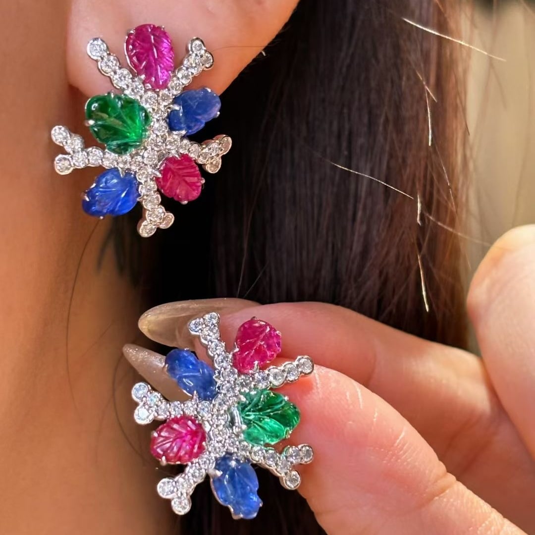 14k Gold 5.21 Ct Natural Spinel & Sapphire & Emerald & Diamond Earrings - 7