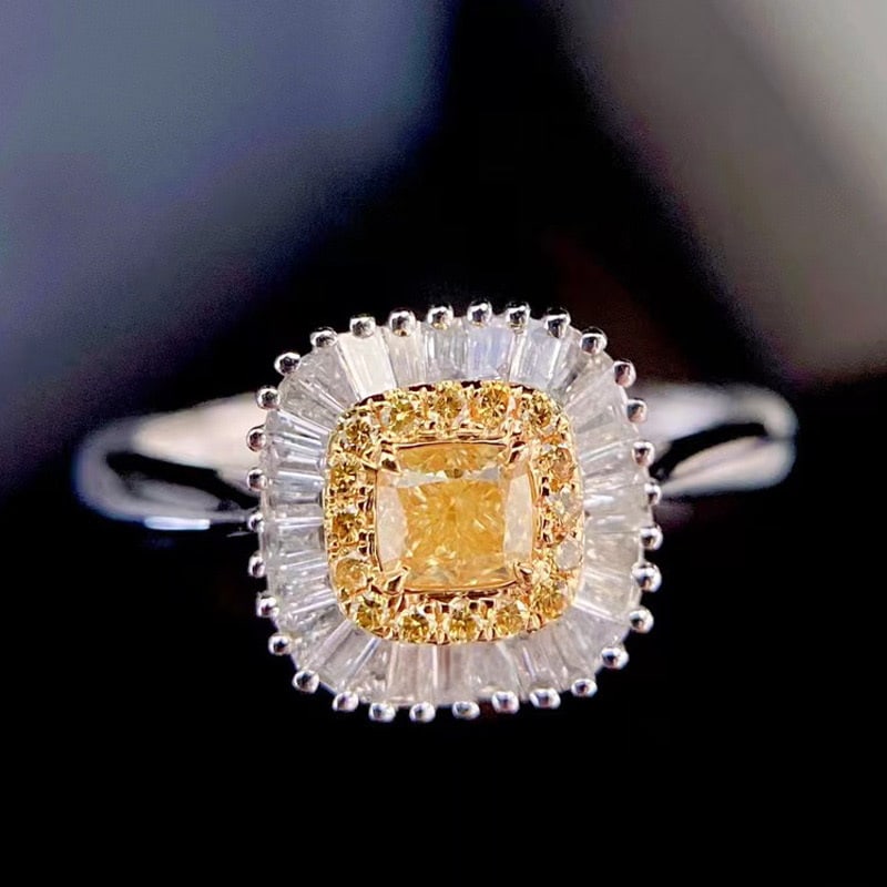 14k Gold 0.60 Ctw Natural Yellow Diamond & Color Diamond Ring: Ref:231101205 // gold content:14k gold // ring size:7. 25us // // main gemstone:yellow diamond // shape:cushion // carat weight:0. 30ct // color:yellow // treatment:natural // // adjacent gemstone 2