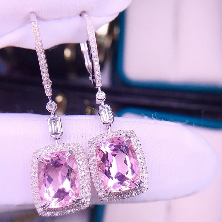 14k Gold 5.6 Ct Natural Kunzite & Diamond Earrings - 2
