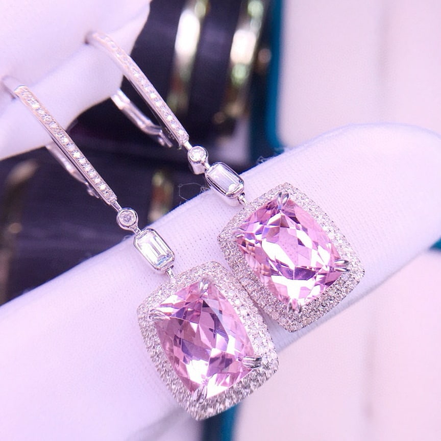 14k Gold 5.6 Ct Natural Kunzite & Diamond Earrings - 5