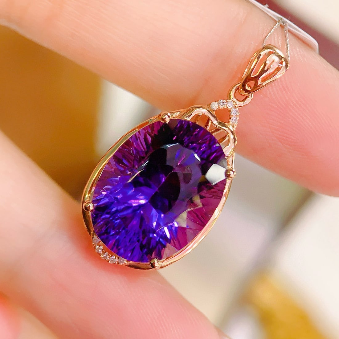 14k Gold 9.78 Ctw Natural Amethyst & Diamond Pendant( Without Chain ) - 2