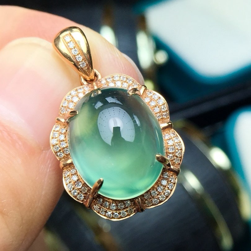 14k Gold 11.2 Ct Natural Prehnite & Diamond Pendant( Without Chain ) - 2