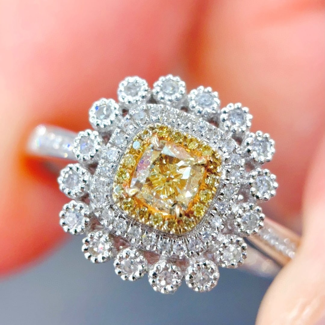 14k Gold 0.37 Ct Natural Yellow Diamond & Yellow Diamond & Diamond Ring: Ref:231101254 // gold content:14k gold // ring size:7. 25us // // main gemstone:yellow diamond // shape:cushion // carat weight:0. 37ct // color:yellow // treatment:natural // // adjacent gemstone 2
