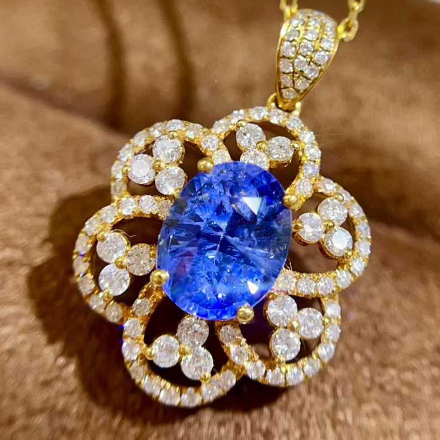 14k Gold 2.66 Ctw Natural Sapphire & Diamond Pendant( Without Chain ): Ref:231102016 // gold content:14k gold // main gemstone:sapphire // shape:oval // carat weight:2. 10ct // color:blue // treatment:natural // // adjacent gemstone 2 : diamond // shape:round // carat