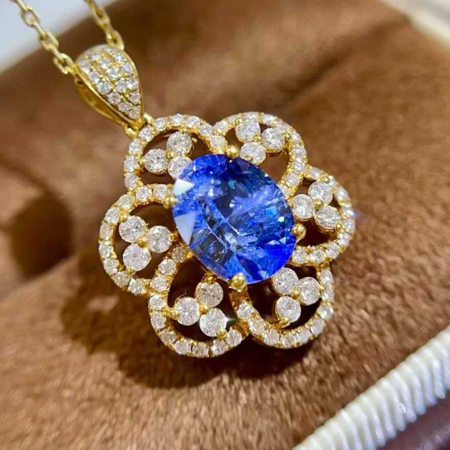 14k Gold 2.66 Ctw Natural Sapphire & Diamond Pendant( Without Chain ) - 2