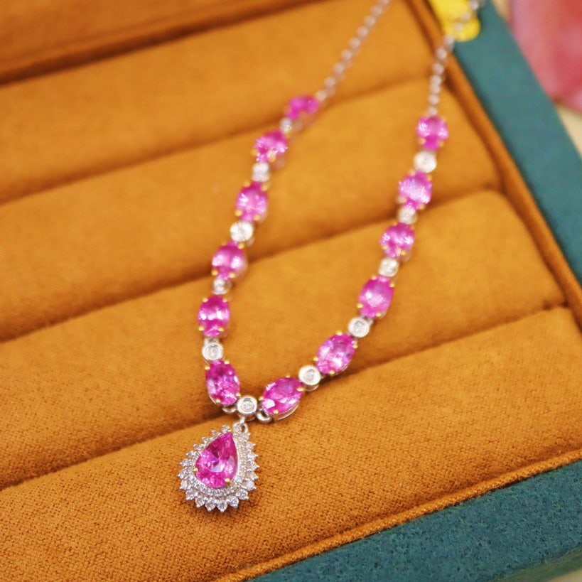 14k Gold 8.89 Ctw Natural Padparadscha Sapphire & Diamond Necklace - 2