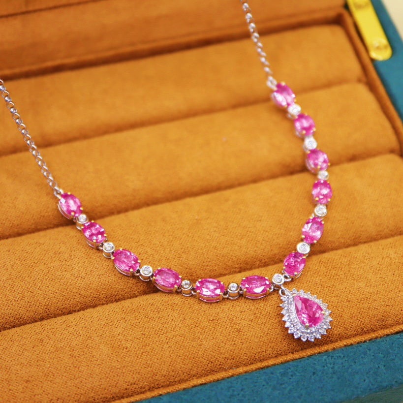 14k Gold 8.89 Ctw Natural Padparadscha Sapphire & Diamond Necklace - 5