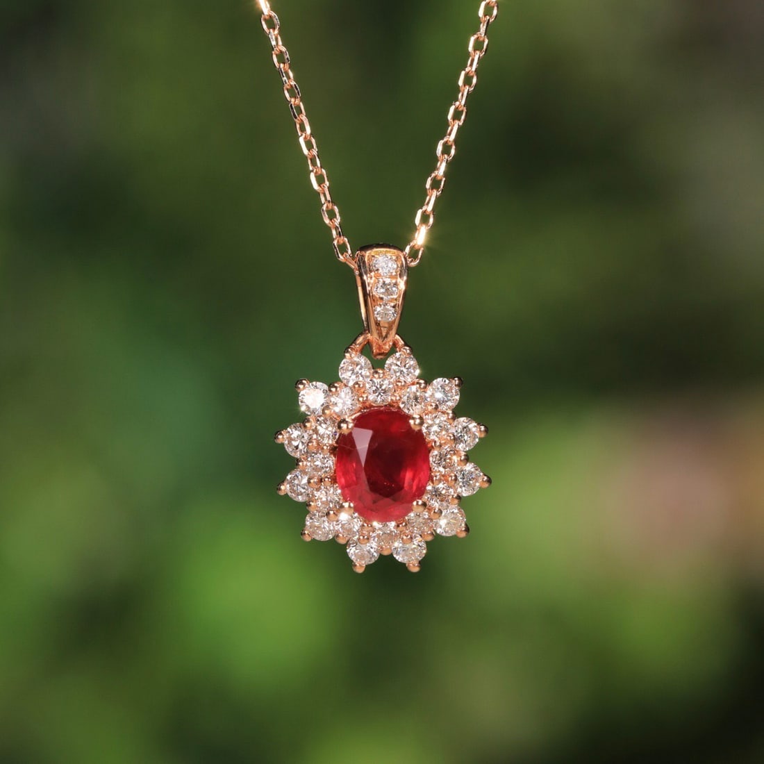 14k Gold 0.61 Ct Natural Ruby & Diamond Necklace: Ref:231102103 // gold content:14k gold // main gemstone:ruby // shape:oval // carat weight:0. 61ct // color:pigeonblood red // treatment:natural // // adjacent gemstone 2 : diamond // shape:round //