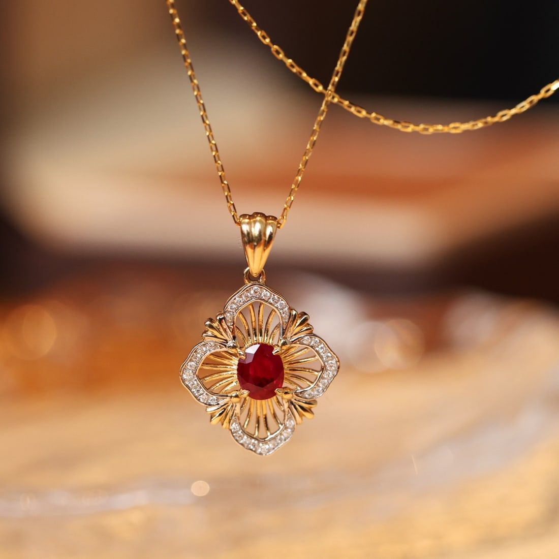 14k Gold 0.53 Ctw Natural Ruby & Diamond Pendant( Without Chain ) - 2