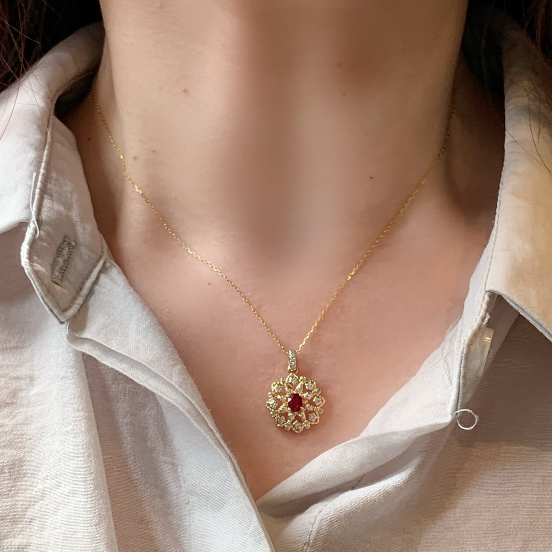 14k Gold 0.38 Ctw Natural Ruby & Diamond Pendant( Without Chain ) - 3