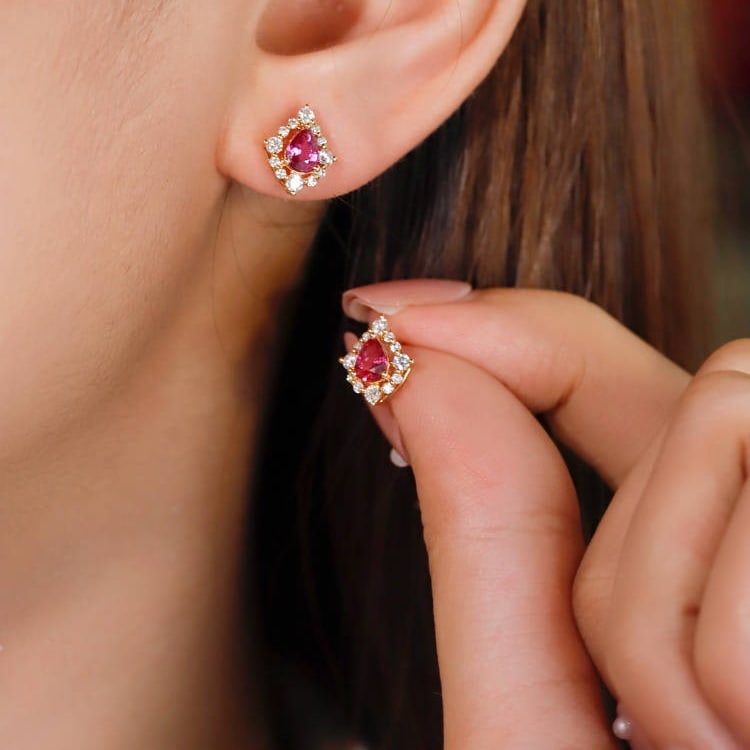 14k Gold 1.09 Ctw Natural Ruby & Diamond Earrings - 5