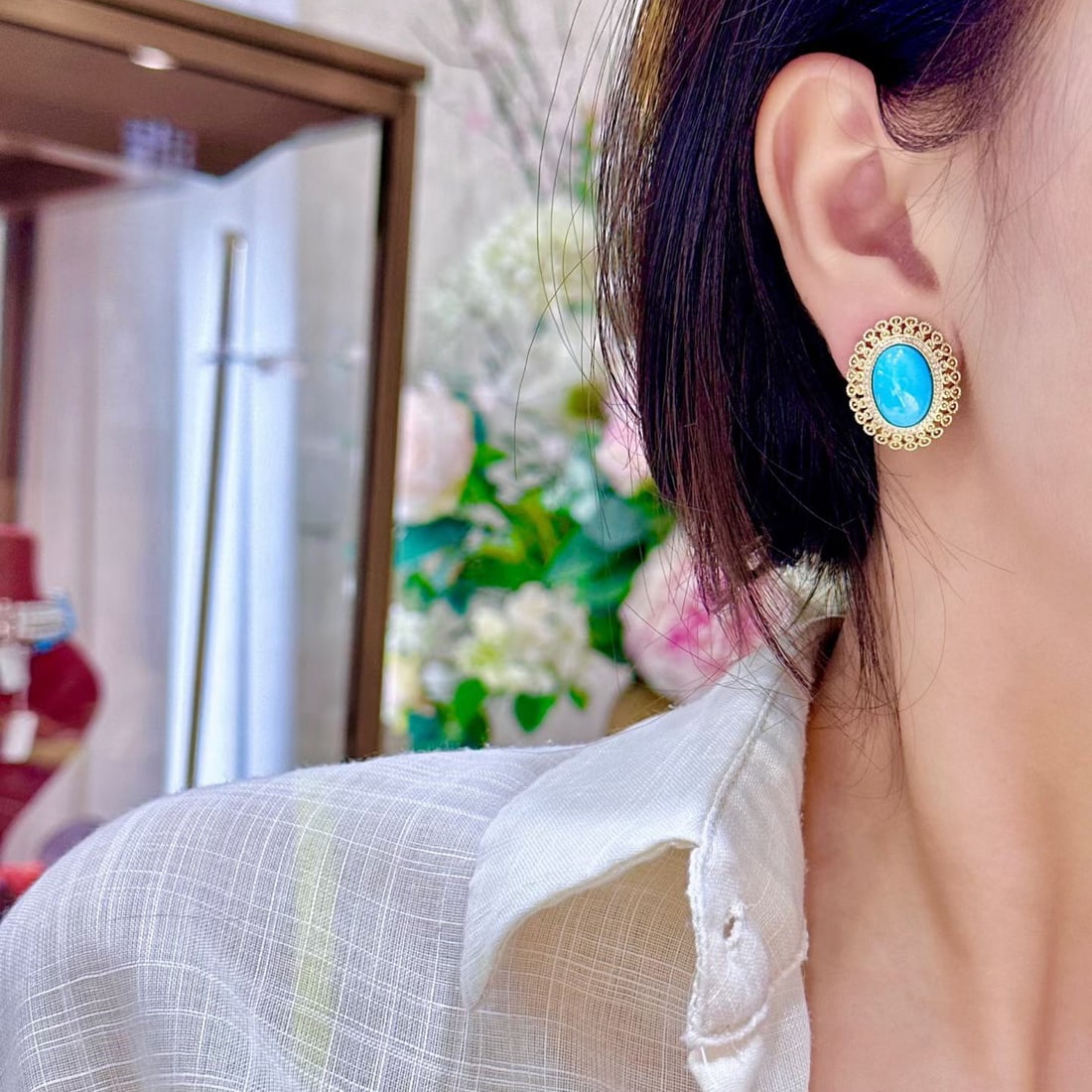 14k Gold 8.94 Ctw Natural Blue Turquoise & Diamond Earrings - 4