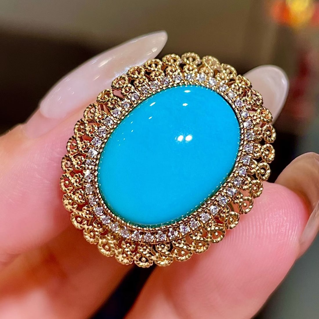 14k Gold 9.04 Ctw Natural Blue Turquoise & Diamond Ring - 2