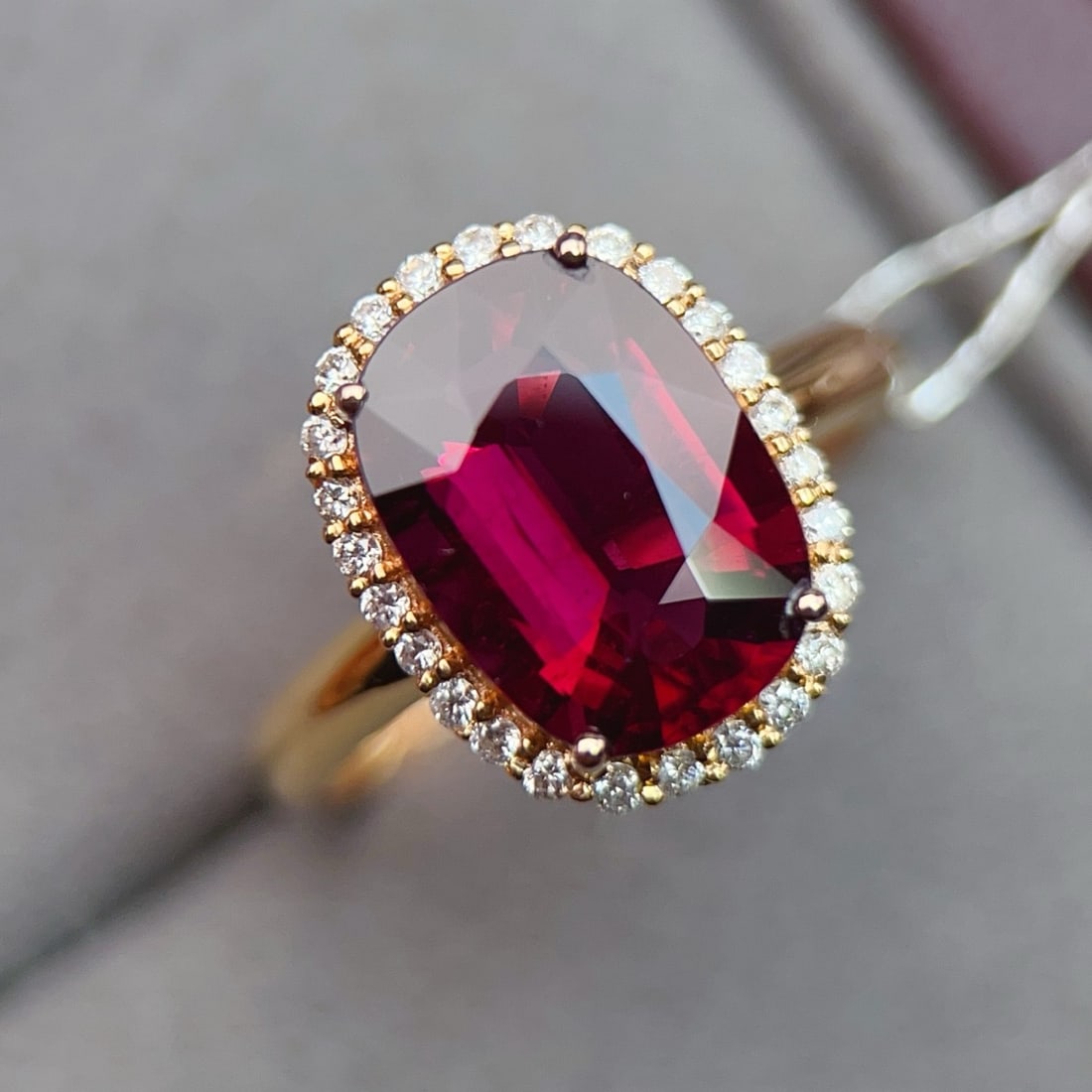 14k Gold 3.9 Ct Natural Tourmaline & Diamond Ring: Ref:231102153 // gold content:14k gold // ring size:7. 25us // // main gemstone:tourmaline // shape:cushion // carat weight:3. 9ct // color:red // treatment:natural // // adjacent gemstone 2 :