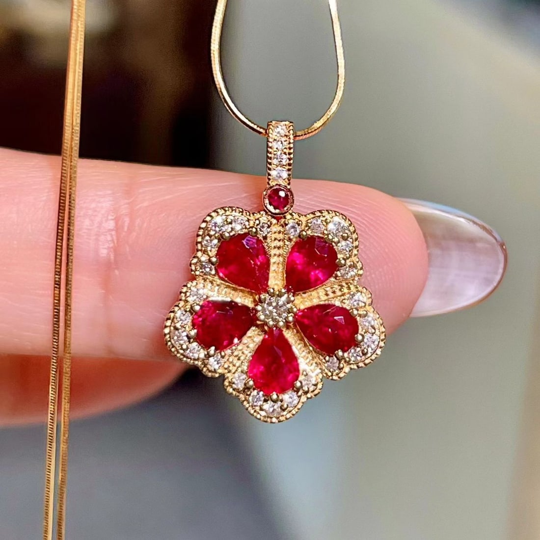 14k Gold 1.53 Ctw Natural Ruby & Diamond Pendant( Without Chain ): Ref:231102179 // gold content:14k gold // main gemstone:ruby // shape:multiple // carat weight:1. 33ct // color:red // treatment:natural // // adjacent gemstone 2 : diamond // shape:round // carat