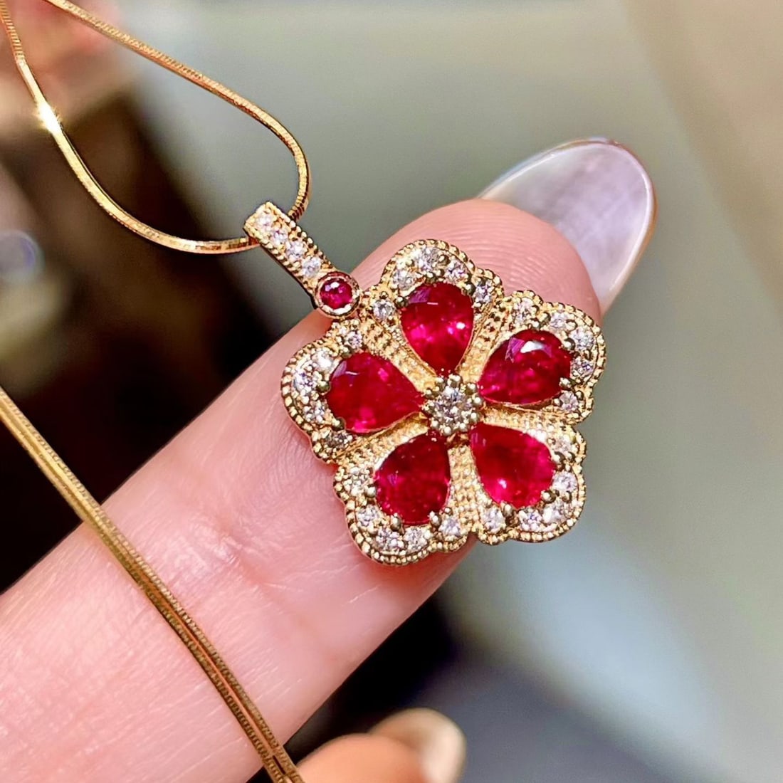 14k Gold 1.53 Ctw Natural Ruby & Diamond Pendant( Without Chain ) - 2