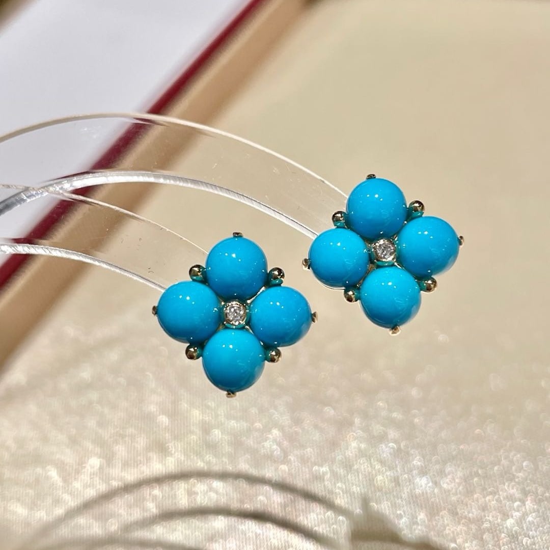 14k Gold 5 Ct Natural Blue Turquoise & Diamond Earrings - 3