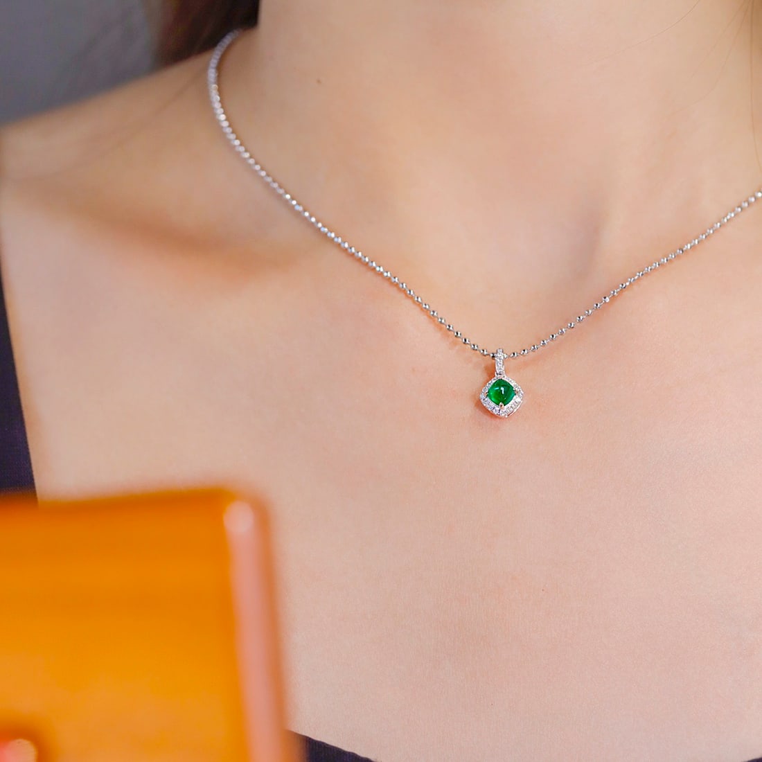 14k Gold 0.66 Ctw Vivid Green Natural Emerald & Diamond Pendant( Without Chain ) - 2
